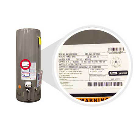 Example picture on how to find your Rheem tank water heater model and serial number.