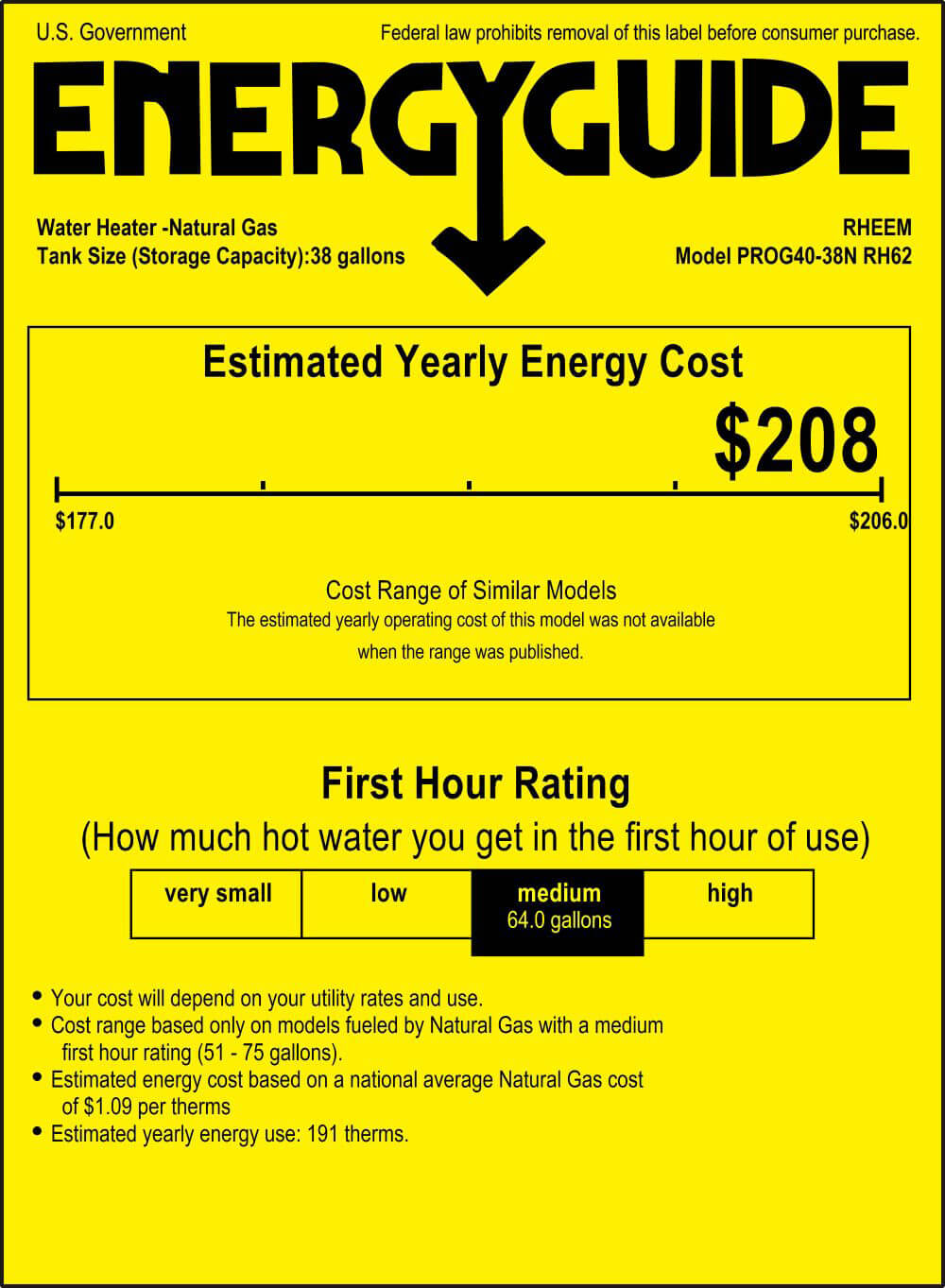 energy guide estimated yearly energy cost $208